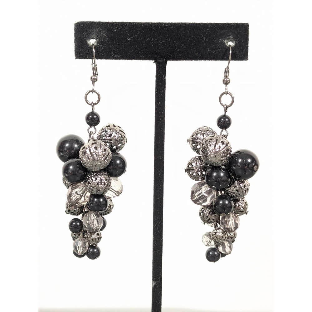Gray Filigree Ball & Black Bead Long Statement Earrings Chandelier Drop Boho